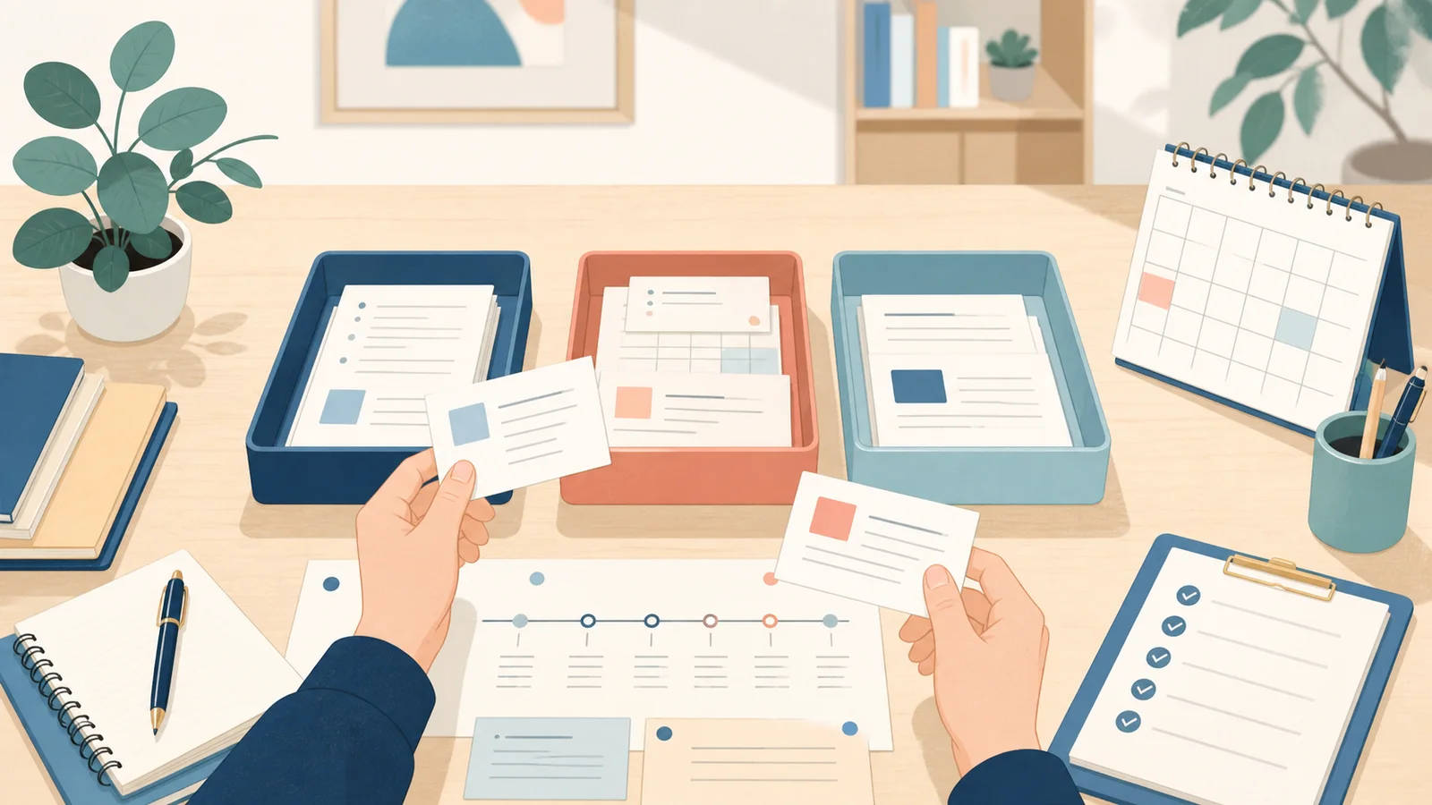職務経歴の資料を3つのトレーに仕分けるデスクのイラスト