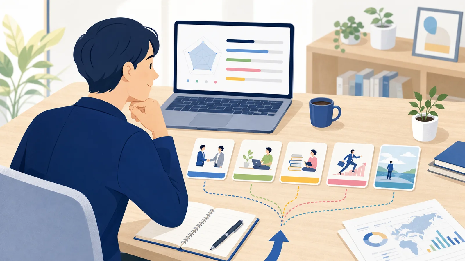 働き方の選択肢を資料とグラフで整理しているデスクのイラスト