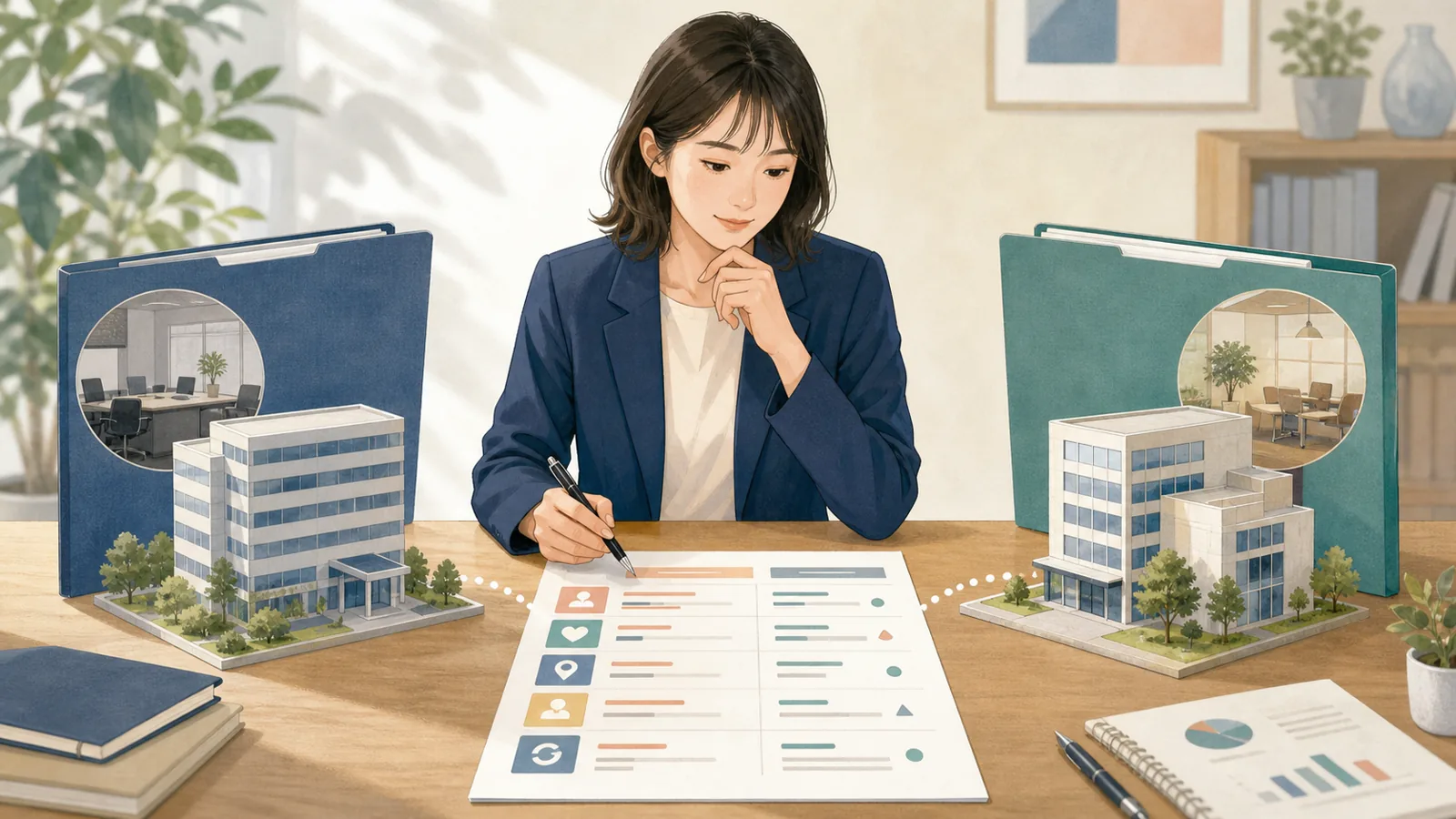 現在の会社とグループ会社の雇用条件を比較表で確認しているイラスト