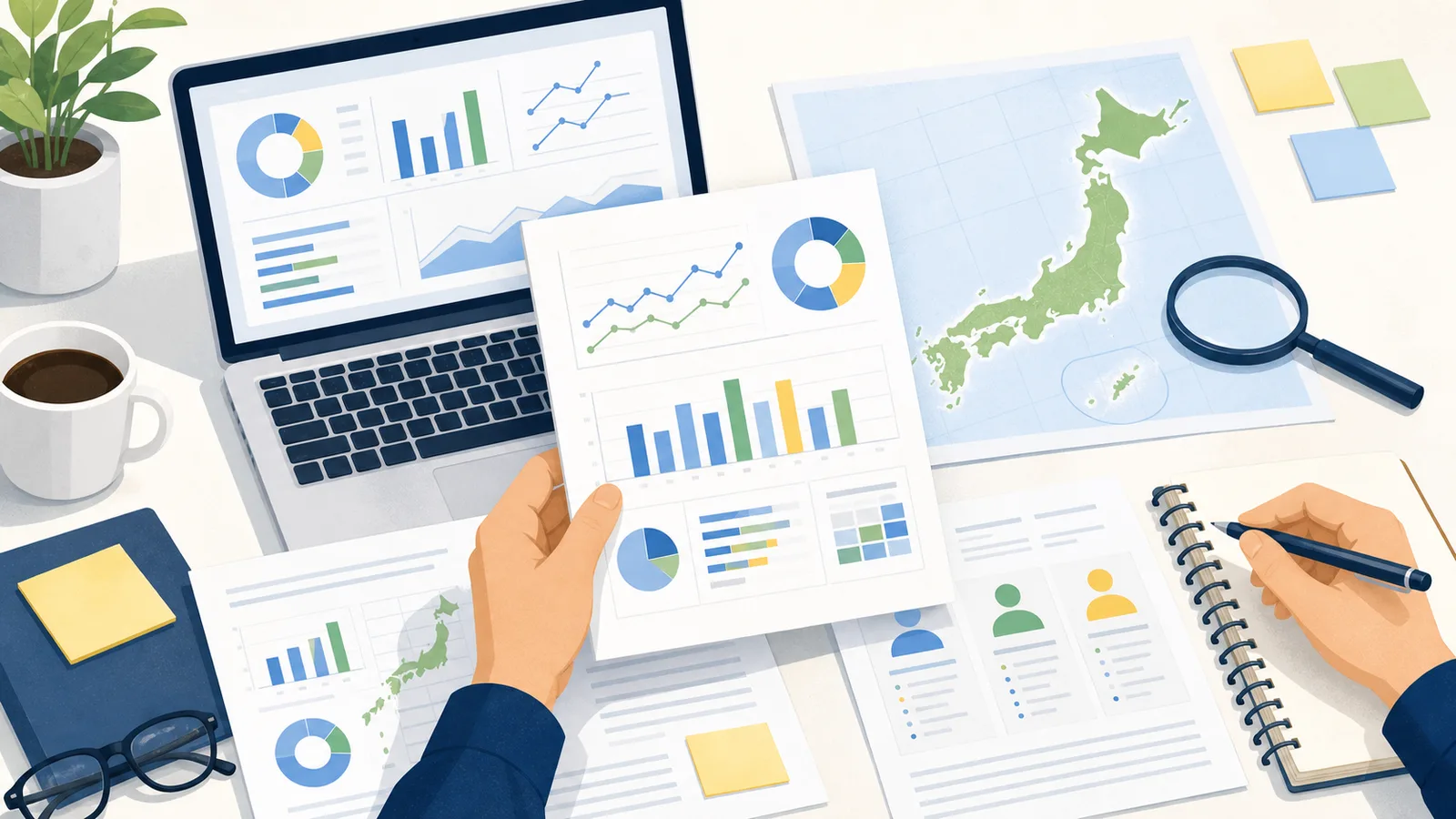公的統計と求人票を見比べながら年収相場を調べているイラスト