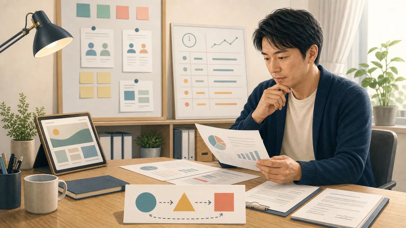 副業の売上、作業時間、契約、継続条件を机上で確認しているイラスト