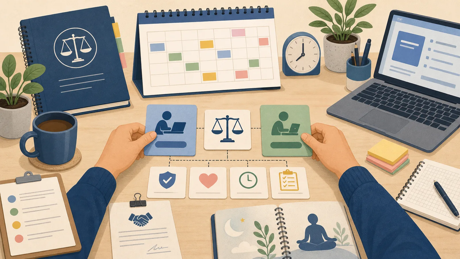 本業と副業の時間、契約、健康負担を整理しているイラスト